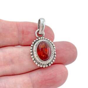 Vintage Sterling Silver 925 Beaded Border Oval Amber Pendant